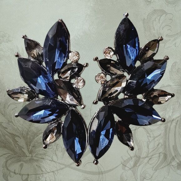 Retro Fancy Rhinestone Stud Earrings Woman's Drops Crystal Blue Cluster Dangle B - Picture 9 of 10